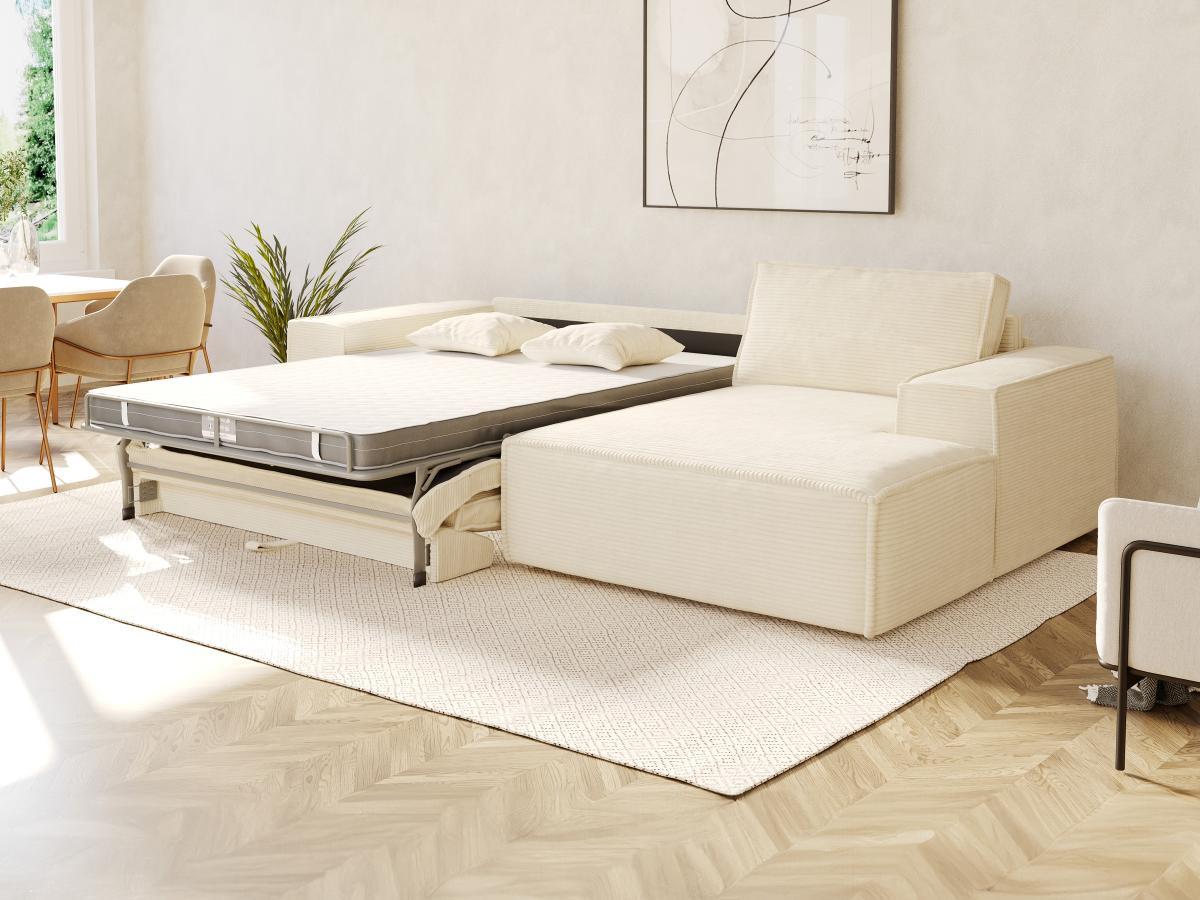 Vente-unique Eckschlafsofa mit Matratze - Ecke rechts - Cord - Beige - Liegefläche 140 cm - Matratze 14 cm mit Memory Schaum - AMELIA  