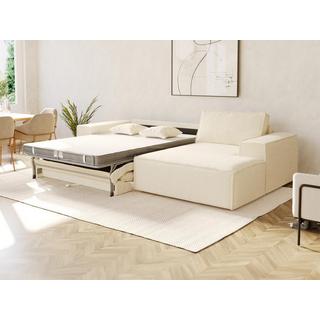 Vente-unique Divano letto angolare ribalta Posto letto 140 Mater. 14 memory foam Velluto coste Beige Angolo destra - AMELIA  