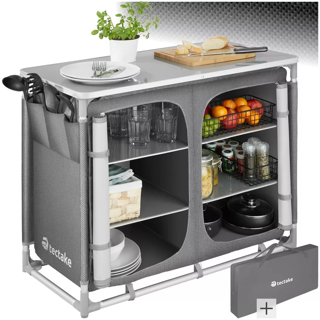 tectake Deluxe Camping Cabinet With Aluminum Frame & 6 Compartments Deluxe in Grey