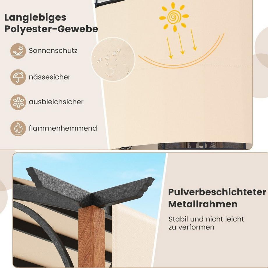 B2X Pergola 3,6 x 3 m avec toit escamotable, tonnelle imperméable, stable et résistante à l'hiver, beige  