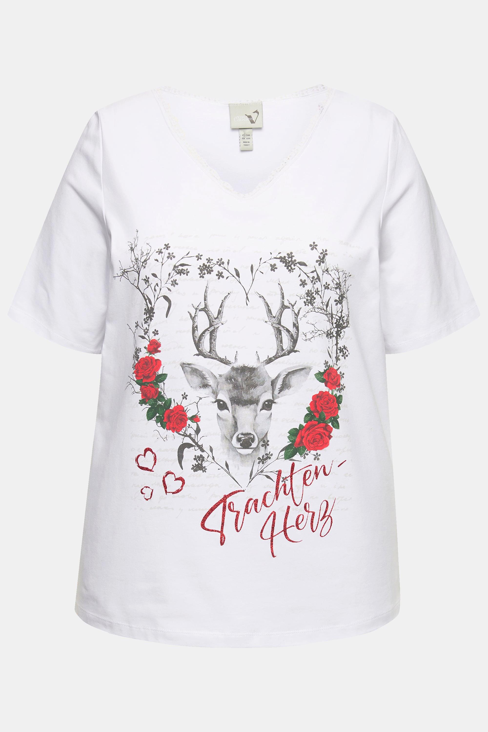 Ulla Popken  T-shirt classica con cuore in tradizionale stile Tracht, scollo a V con pizzo e mezze maniche 