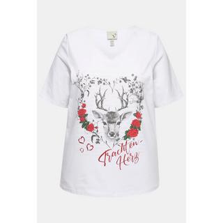 Ulla Popken  T-shirt classica con cuore in tradizionale stile Tracht, scollo a V con pizzo e mezze maniche 