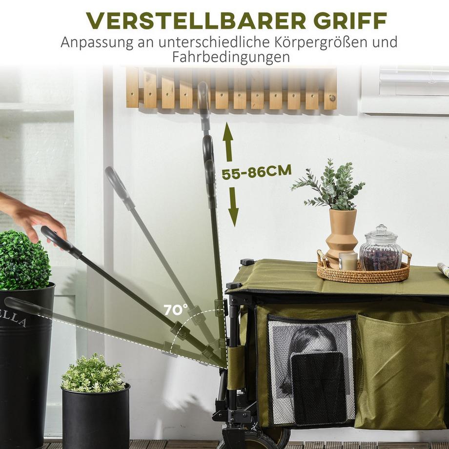 Northio  Strandwagen, klappbarer Transportwagen 4 Räder abnehmbare Plane höhenverstellbarer Griff neigbarer Tablett klappbar und 5 Aufbewahrungstaschen 108 x 55 x 93 cm 