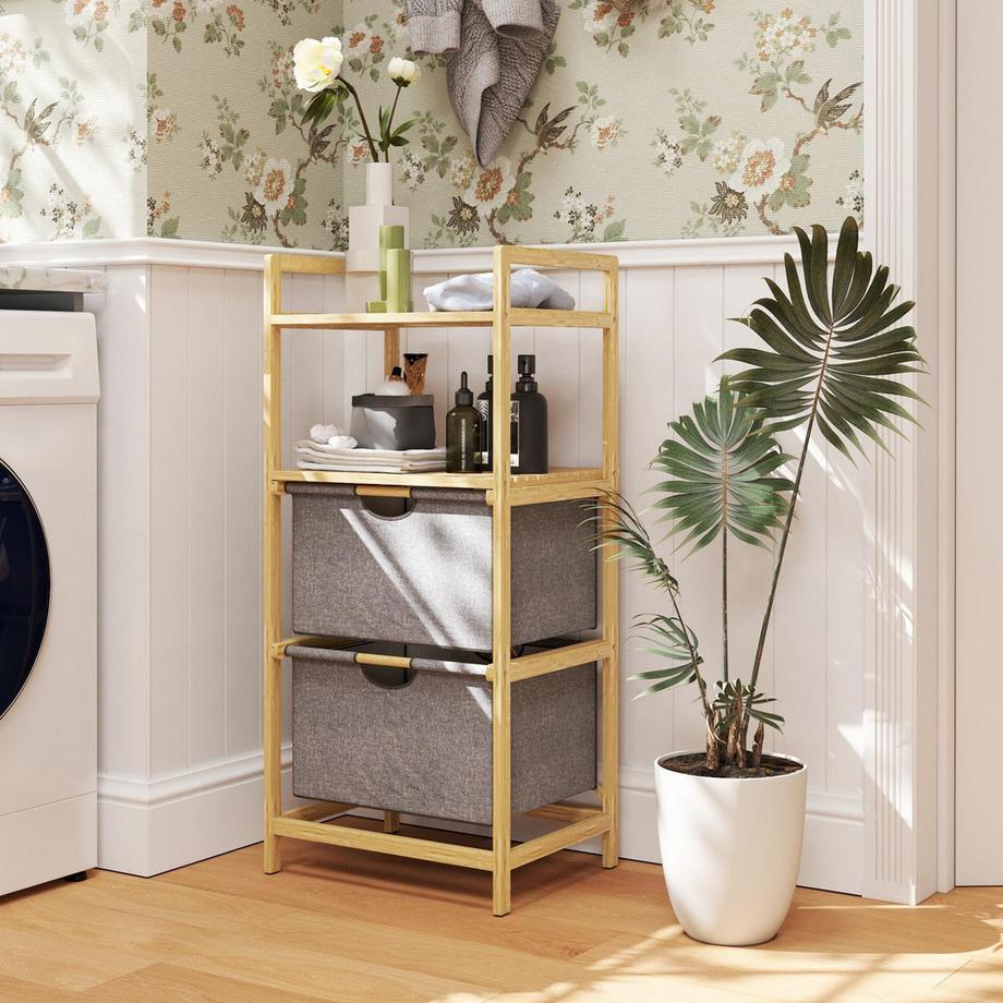 Northio Wäschekorb 35,4 L Wäschesammler mit 2 Wäschekörben aus Stoff, offene Ablagen, Wäschebox mit Griff, für Badezimmer, Bambus, Natur  