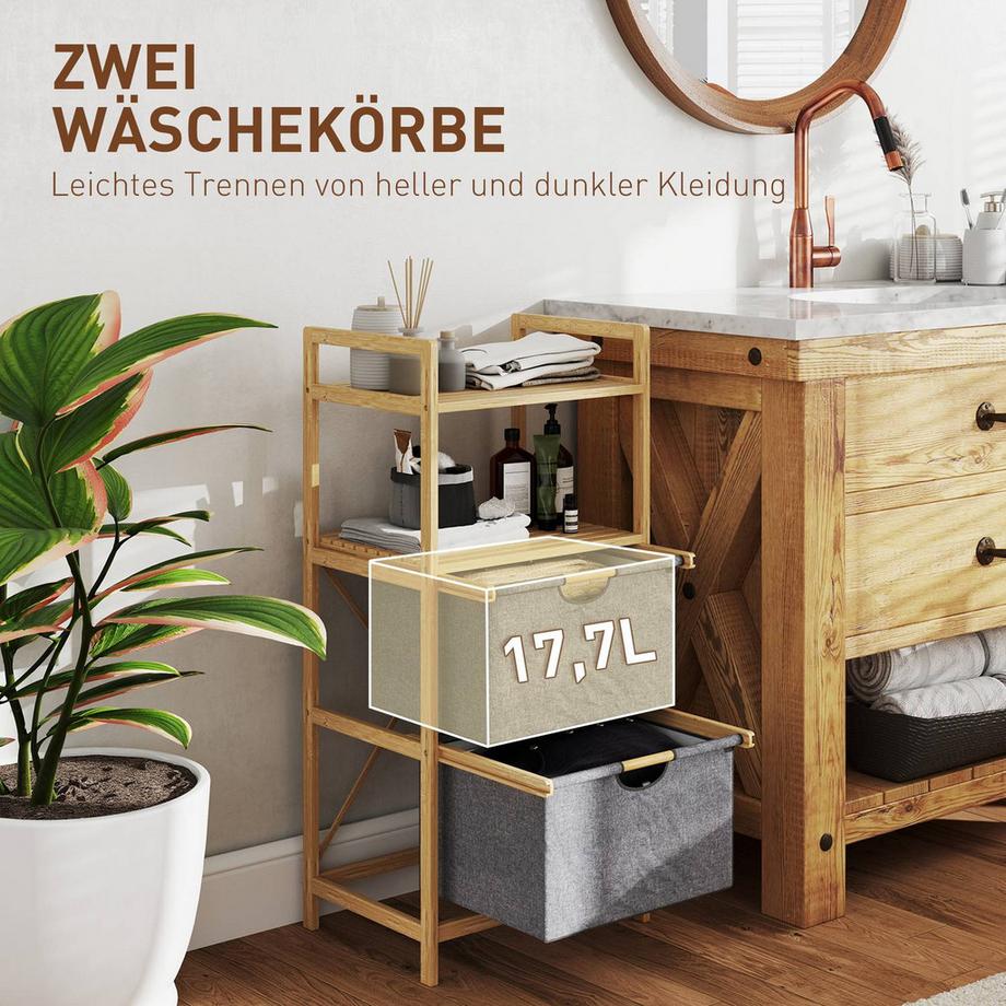 Northio Wäschekorb 35,4 L Wäschesammler mit 2 Wäschekörben aus Stoff, offene Ablagen, Wäschebox mit Griff, für Badezimmer, Bambus, Natur  