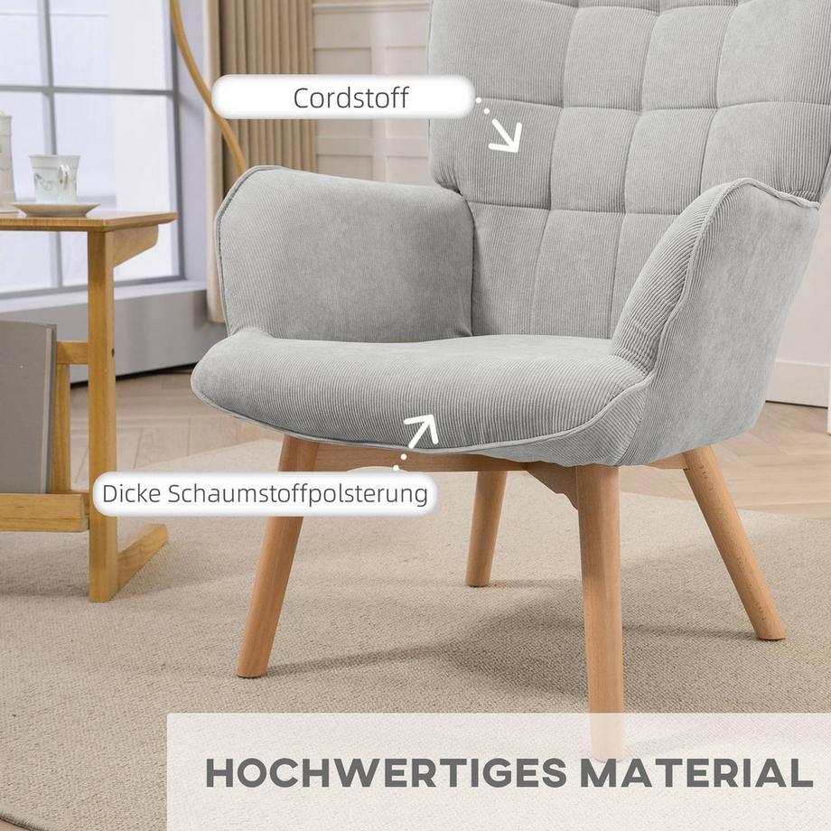 Northio Ohrensessel mit Hocker, Relaxsessel, Polstersessel in Cord-Optik, Loungesessel, Armlehnstuhl mit Holzbeine, Fernsehsessel für Wohnzimmer, Grau  