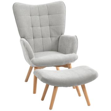 Fauteuil à oreilles avec tabouret, fauteuil de relaxation, chaise rembourrée aspect velours côtelé, chaise longue, fauteuil avec pieds en bois, chaise TV pour salon, gris