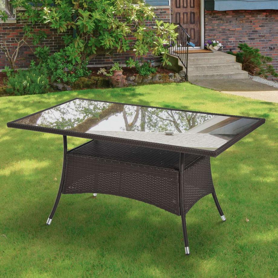 Northio Esstisch Gartentisch Glastisch Polyrattan+Sicherheitsglas Braun+Schwarz 150X85X74Cm  