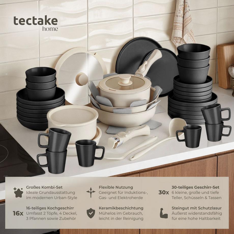 Tectake Ensemble de vaisselle et kit de cuisine UNA/GENUA Ensemble de vaisselle en grès émaillé  