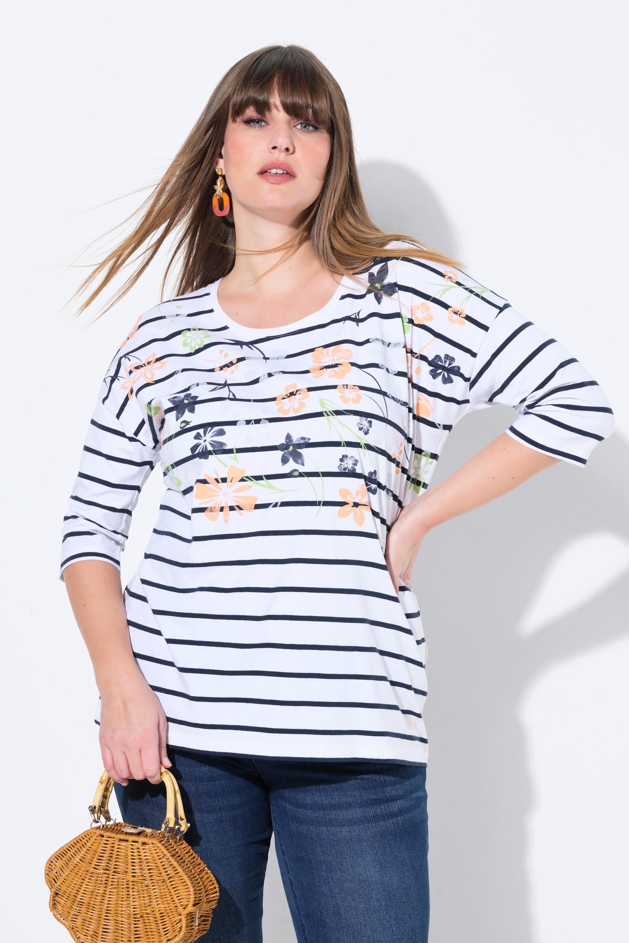 Ulla Popken  T-shirt dal taglio oversize con righe, fiori, scollo a girocollo e mezze maniche 