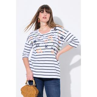 Ulla Popken  T-shirt oversize, imprimé fleurs/rayures, col rond et manches courtes 