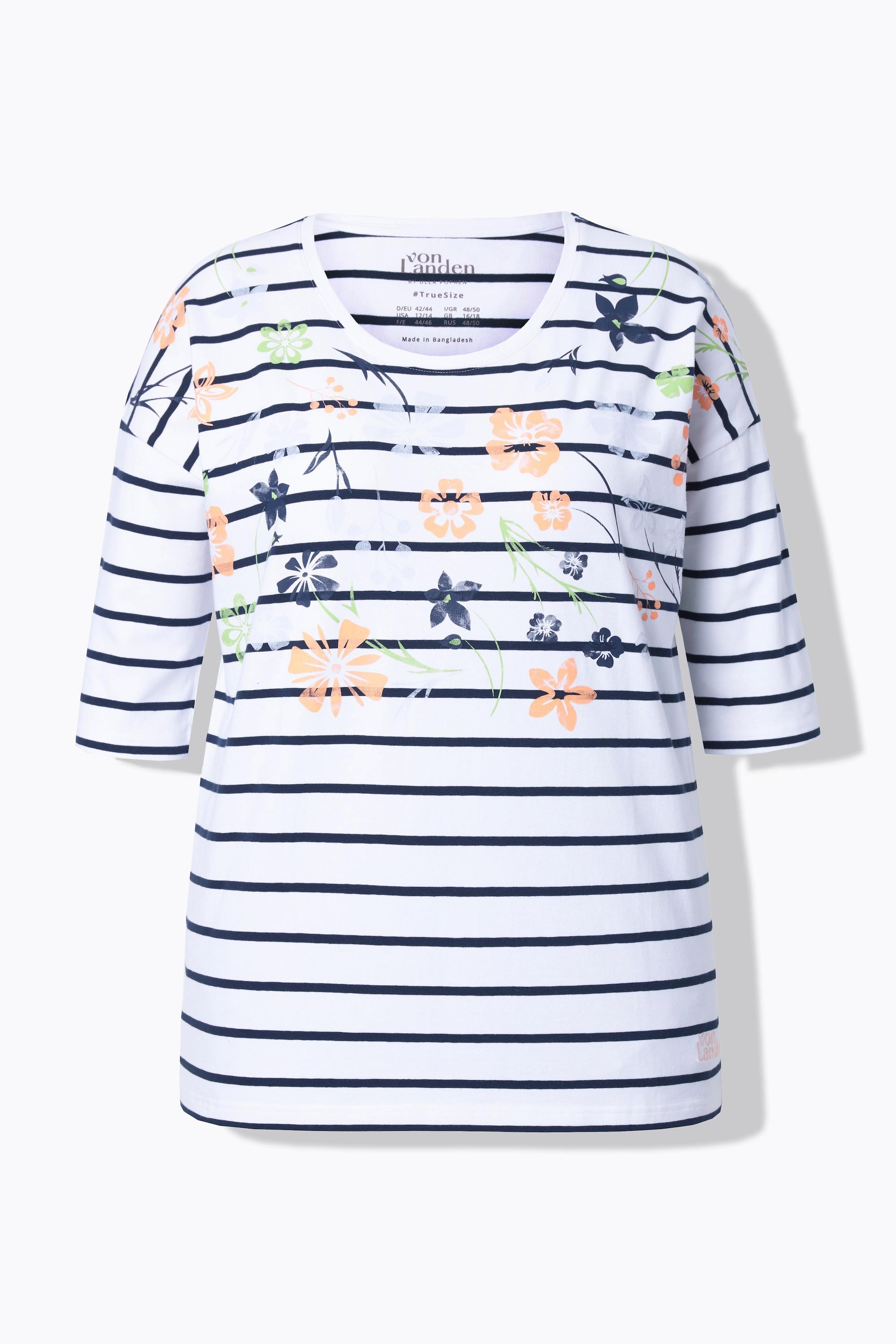 Ulla Popken  T-shirt oversize, imprimé fleurs/rayures, col rond et manches courtes 