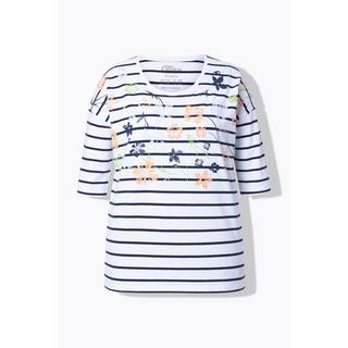 Ulla Popken  T-shirt dal taglio oversize con righe, fiori, scollo a girocollo e mezze maniche 