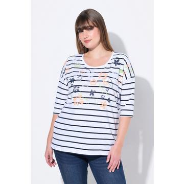 T-shirt oversize, imprimé fleurs/rayures. Col rond et manches courtes