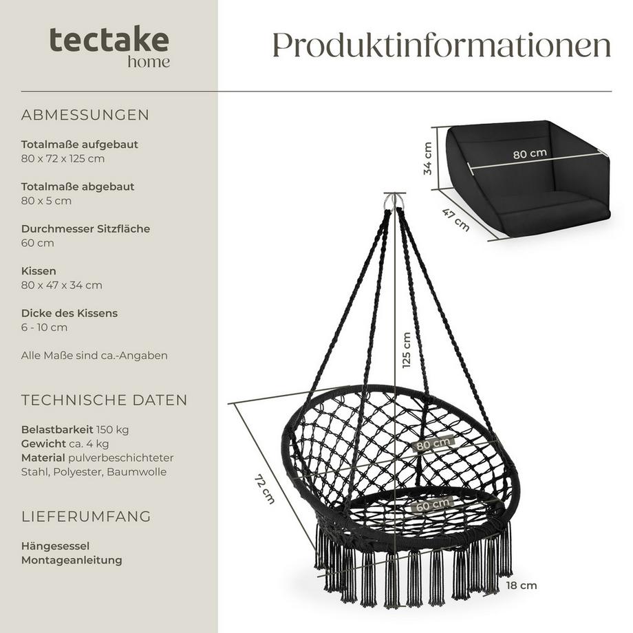 Tectake Fauteuil suspendu GRAZIA avec rembourrage épais de l'assise et du dossier pour un maximum de confort  