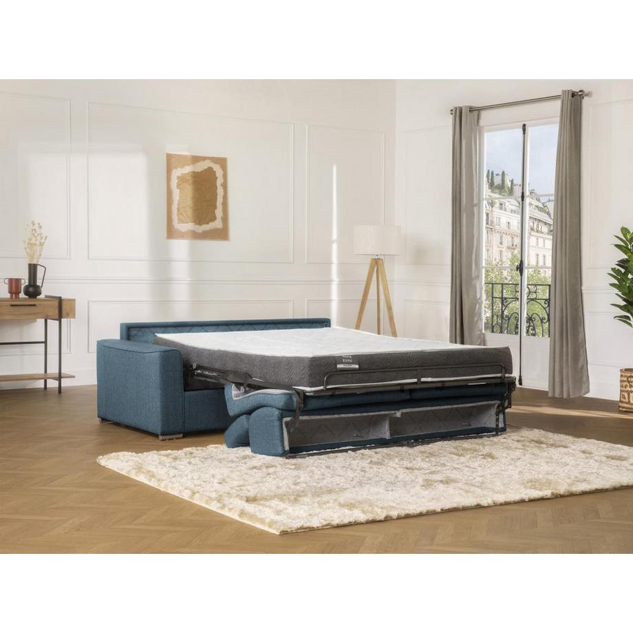 LINEA SOFA Canapé 3 places convertible express en tissu bleu - couchage lattes larges 140 cm - Matelas 16 cm avec mémoire de forme VIZIR  