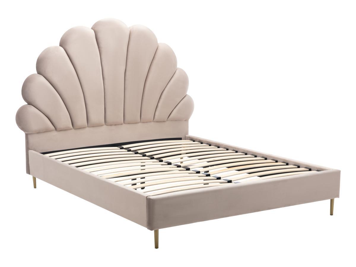 Vente-unique Bett mit Kopfteil in Muschelform - 140 x 190 cm - Samt- Beige - LIVAYA  