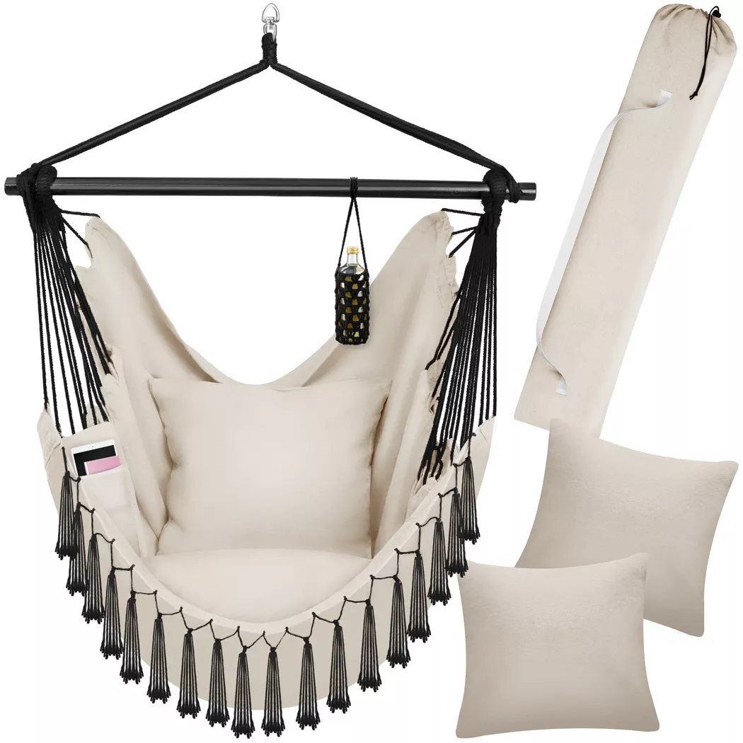 tectake Hanging Chair Malika, Boho Style, Load Capacity 150kg in Beige | Size: 1 Seater