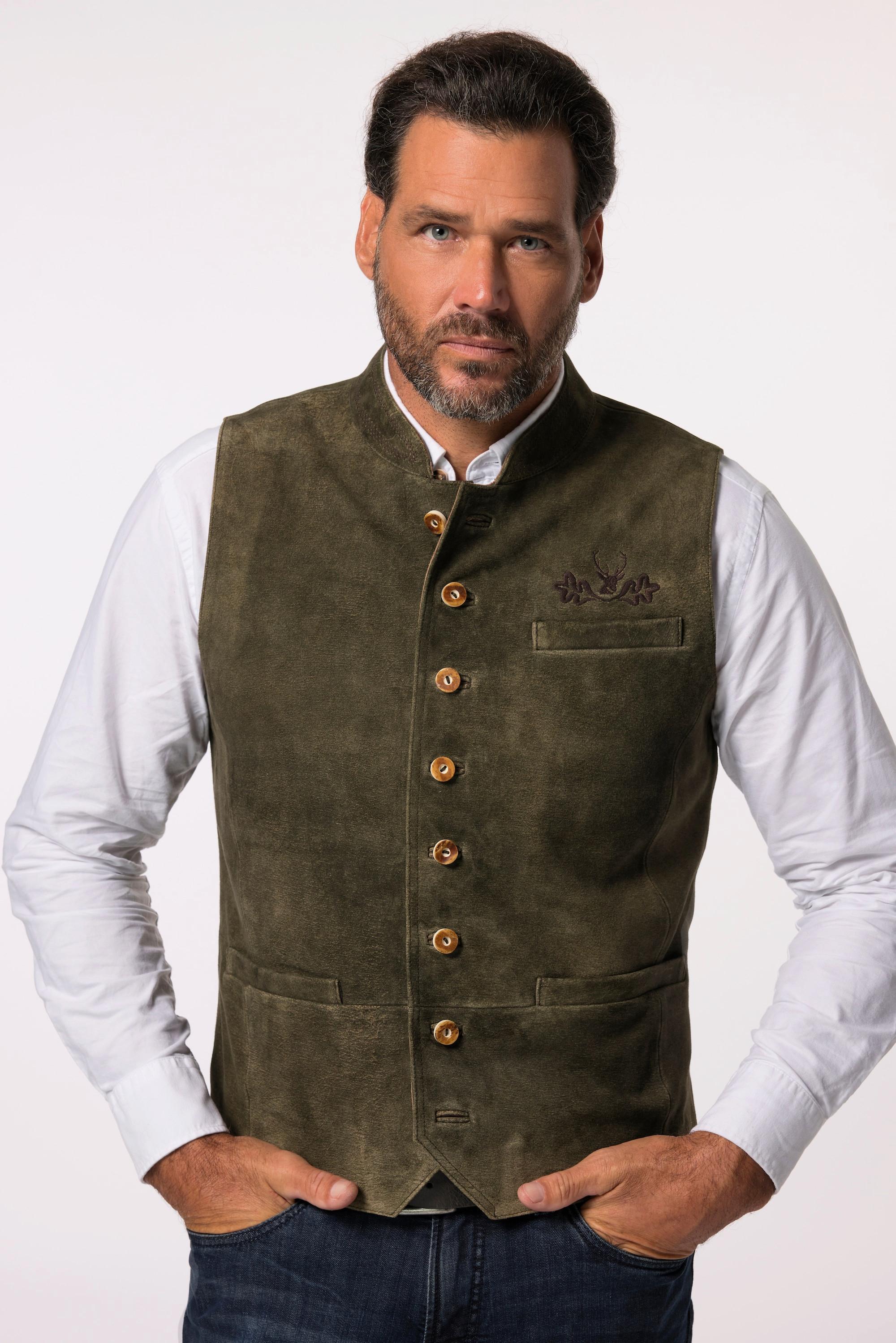 JP1880  Gilet in tradizionale stile Tracht di pelle scamosciata di capra con colletto alto 