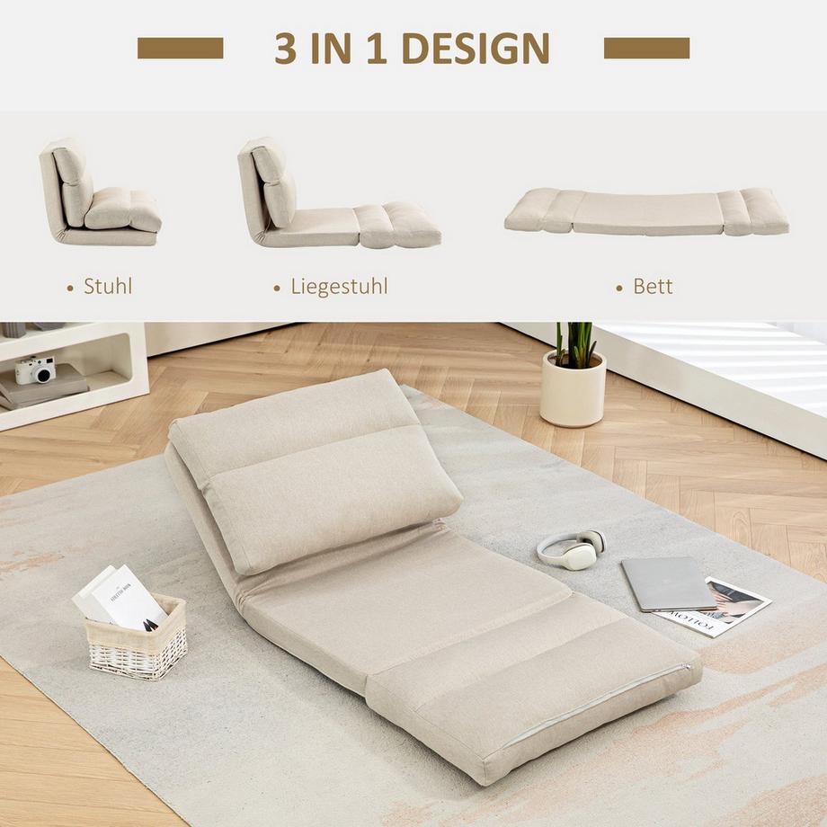 Northio Bodenstuhl klappbar, mit 6-Stufig Verstellbarer Rückenlehne, dicke Sitzpolsterung, Bettfunktion, Leinenoptik, 70 x 41 x 56 cm, Braun  