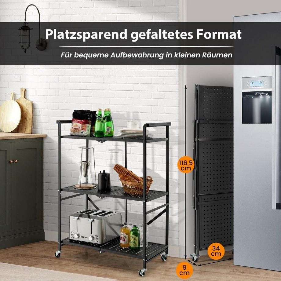 B2X Klappbare Servierwagen mit 4 Rollen 3 Etagen Metallregal für Küche Büro  