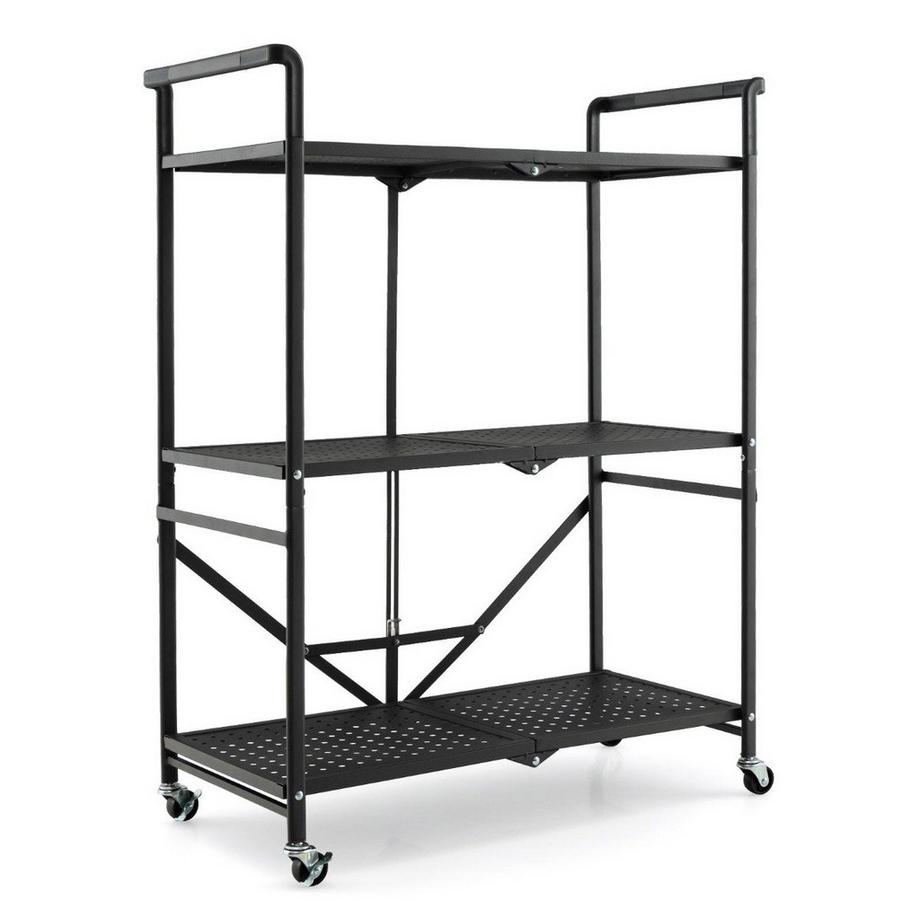 Chariot de service pliant avec 4 roues, étagère métallique à 3 niveaux pour cuisine et bureau