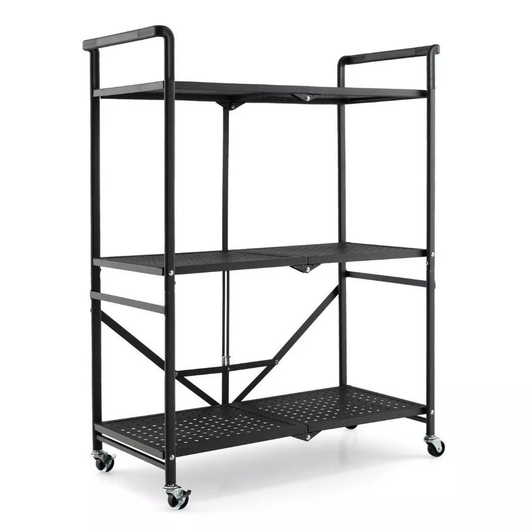 B2X - Klappbare Servierwagen mit 4 Rollen 3 Etagen Metallregal für Küche Büro, One Size, Schwarz