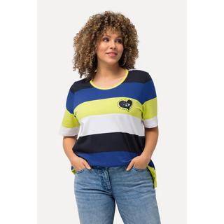 Ulla Popken  T-shirt con righe, ricami, scollo a girocollo e mezze maniche 