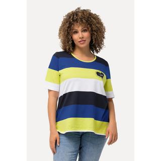 Ulla Popken  T-shirt con righe, ricami, scollo a girocollo e mezze maniche 