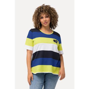 T-shirt con righe, ricami, scollo a girocollo e mezze maniche