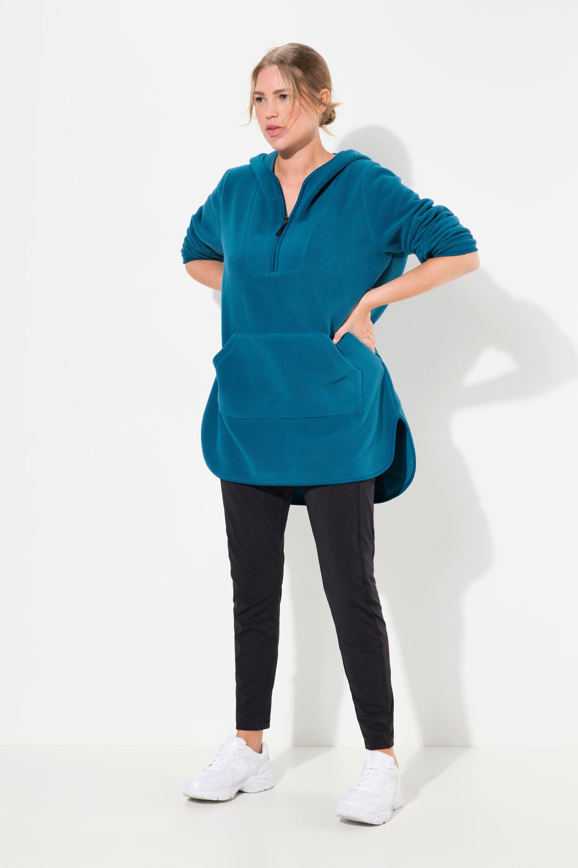 Ulla Popken  Pullover lungo di pellicciotto di pile con cappuccio, zip e maniche lunghe 