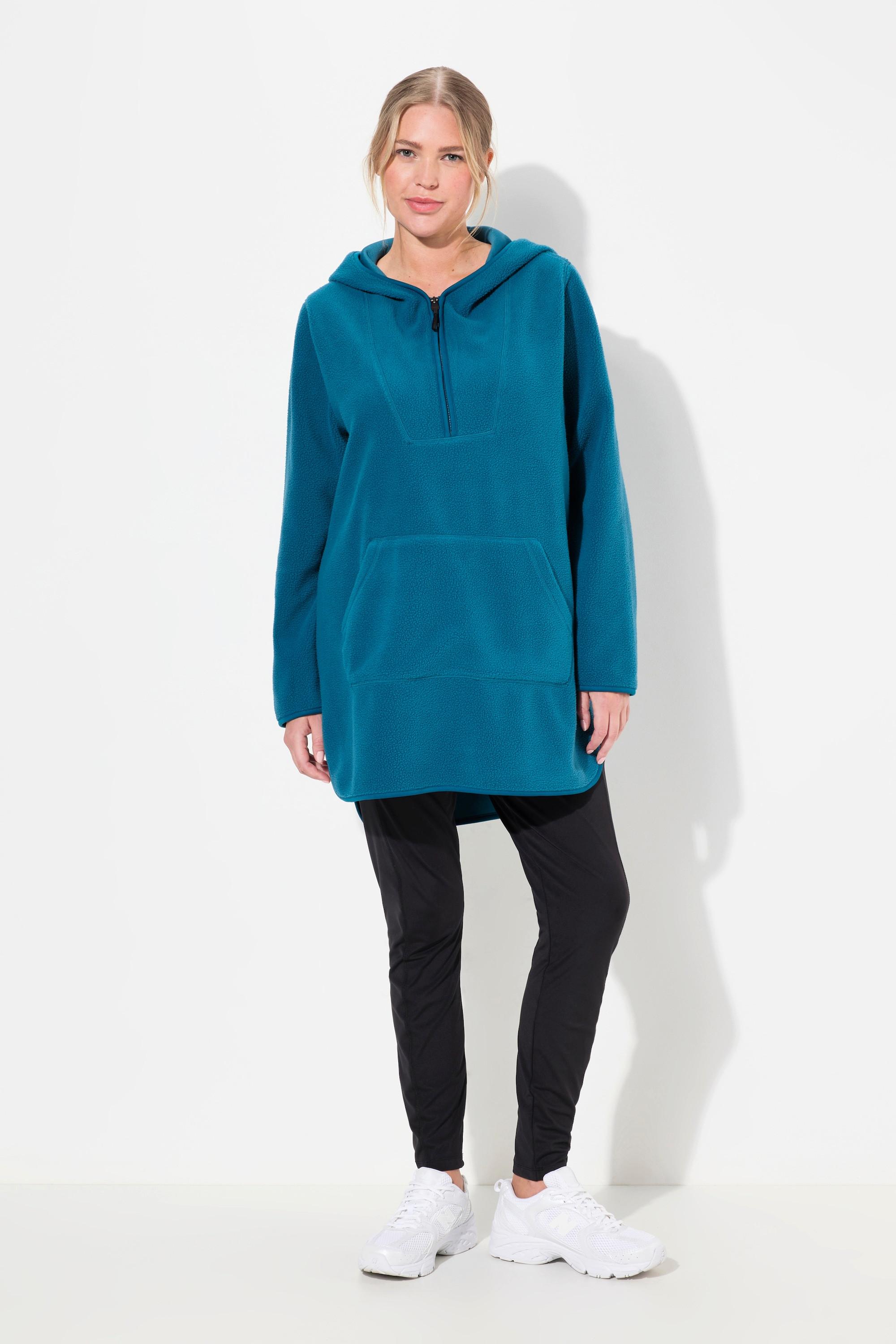 Ulla Popken  Pullover lungo di pellicciotto di pile con cappuccio, zip e maniche lunghe 