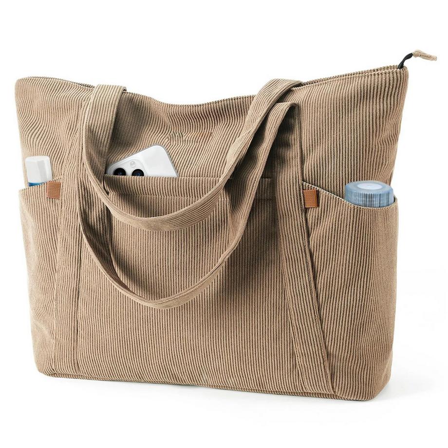 Cordtasche, große Einkaufstasche, Strandtasche mit Reißverschluss, Einkaufstasche, Laptoptasche Laptopfach.