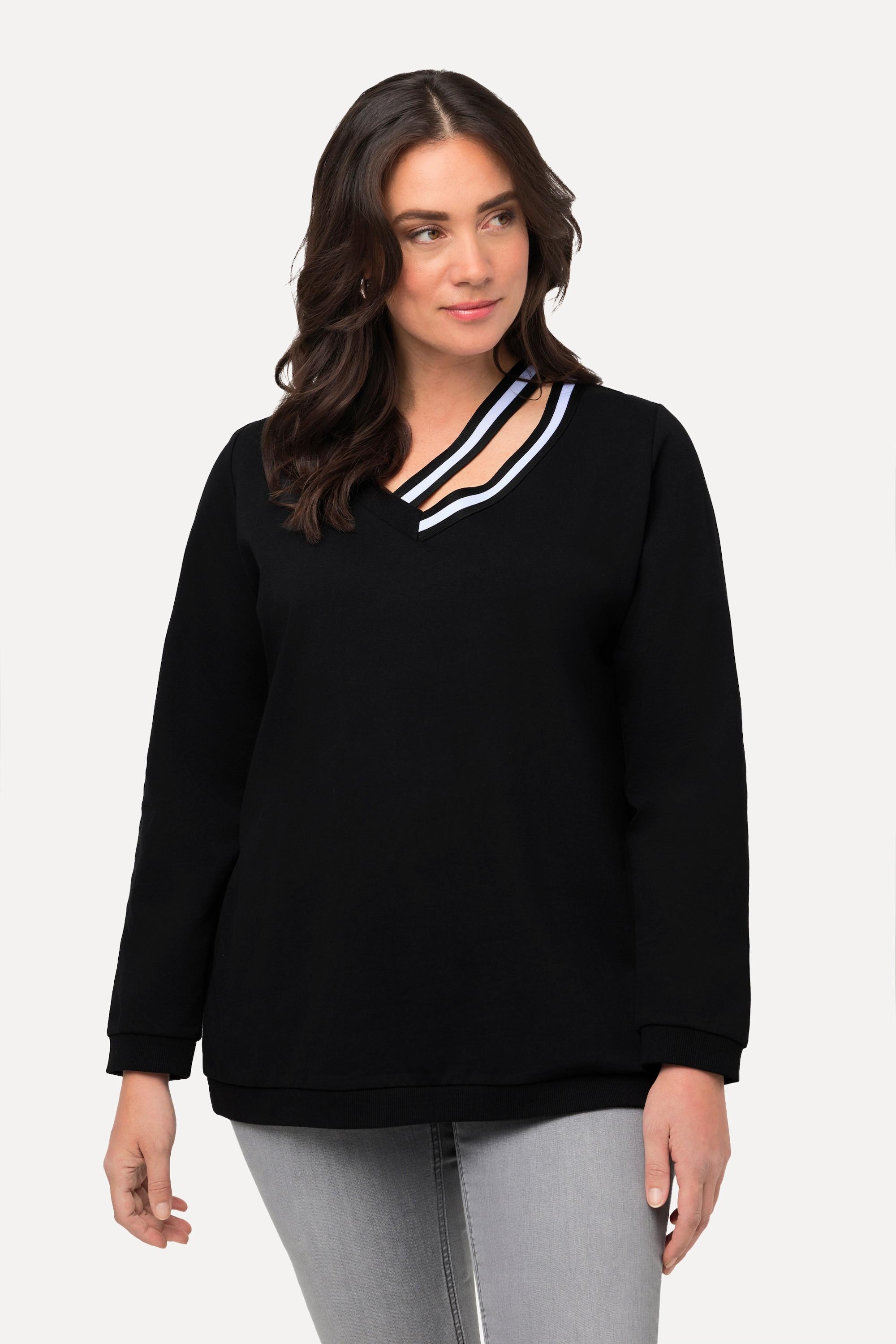 Ulla Popken  Sweat-shirt à manches longues, avec bandes fantaisie et col en V 