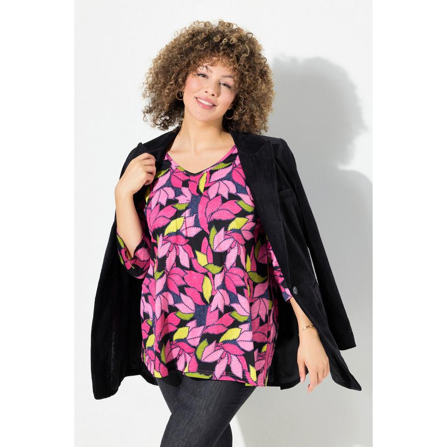 Ulla Popken T-shirt A-ligne Col V Manches 3/4 Imprimé Feuilles  