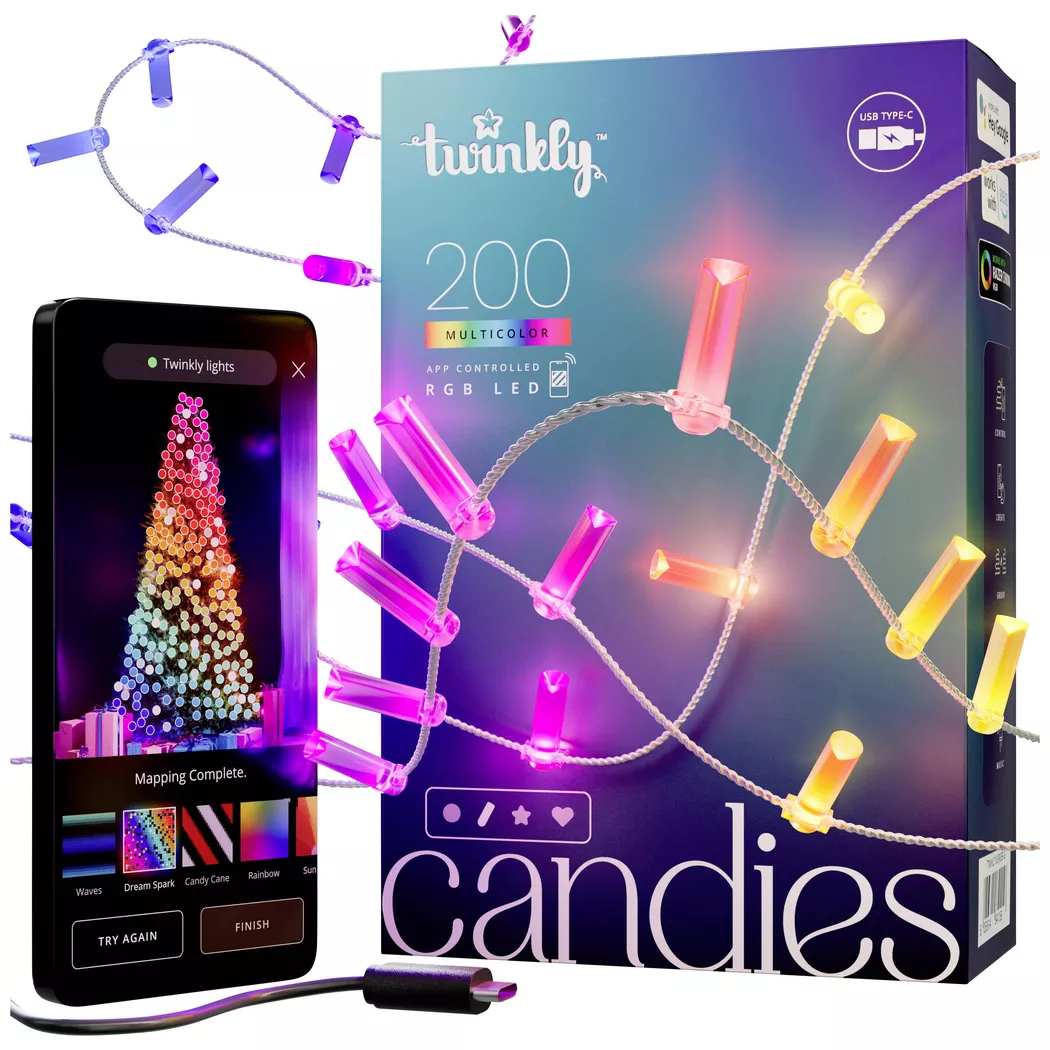 twinkly - CANDIES avec 200 LED RGB en forme de bougie, 12 Monate, Transparent