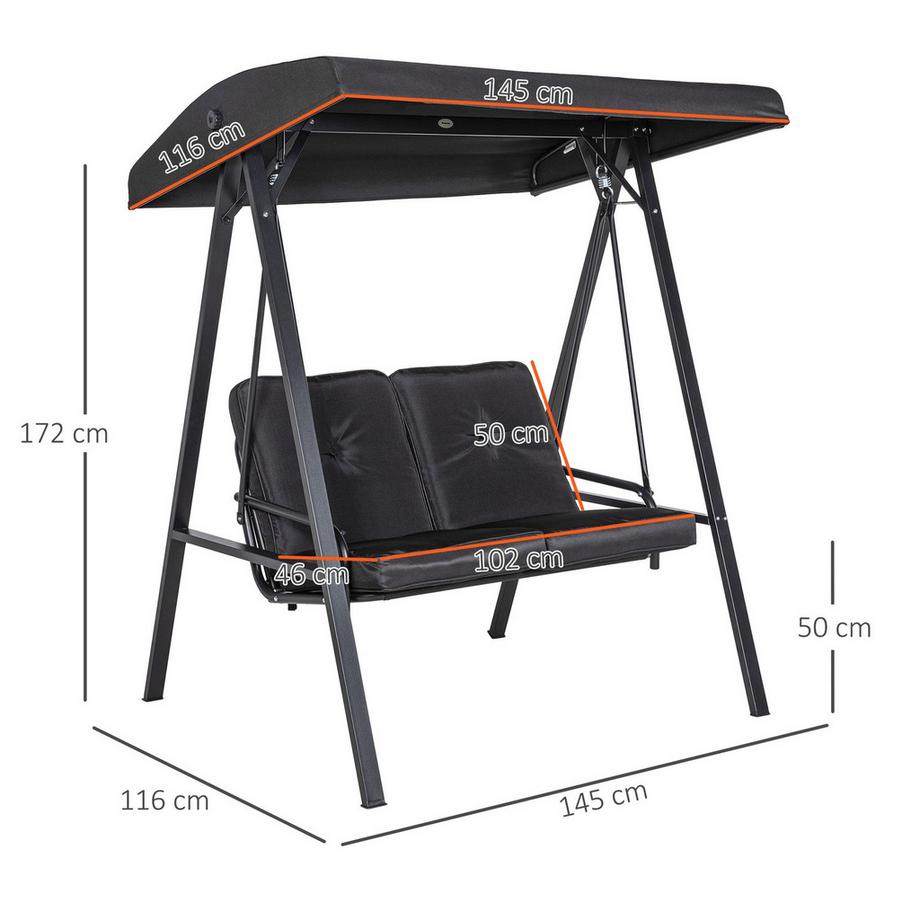 Northio Hollywoodschaukel 2-Sitzer Gartenschaukel mit Verstellbarem Dach, Kissen, Schaukelbank bis 220 kg Belastbar, für Garten, Balkon, Schwarz, 145 x 116 x 172 cm Aosom  