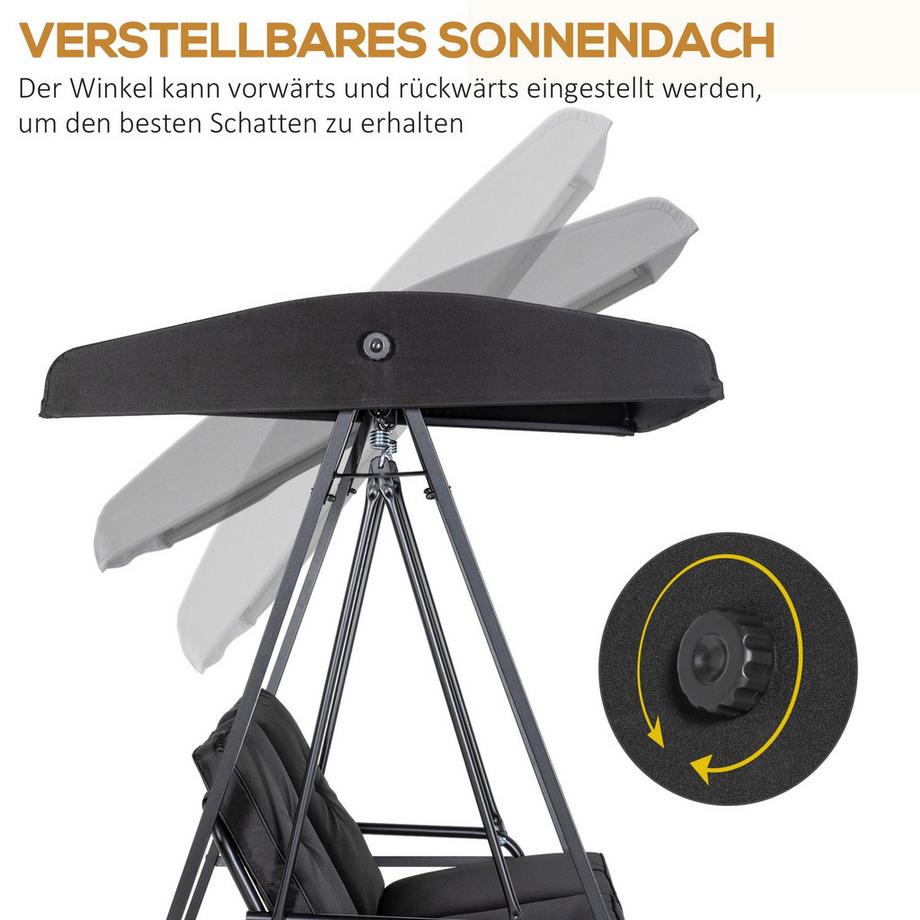 Northio Hollywoodschaukel 2-Sitzer Gartenschaukel mit Verstellbarem Dach, Kissen, Schaukelbank bis 220 kg Belastbar, für Garten, Balkon, Schwarz, 145 x 116 x 172 cm Aosom  
