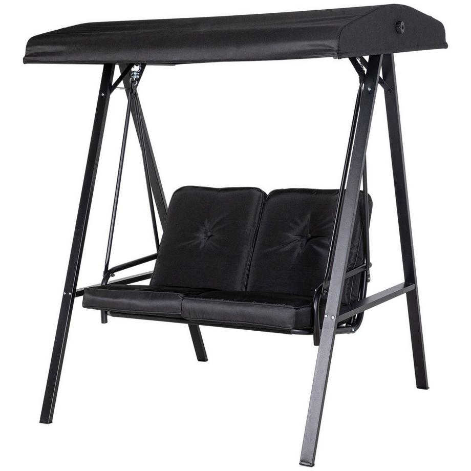 Hollywoodschaukel 2-Sitzer Gartenschaukel mit Verstellbarem Dach, Kissen, Schaukelbank bis 220 kg Belastbar, für Garten, Balkon, Schwarz, 145 x 116 x 172 cm Aosom