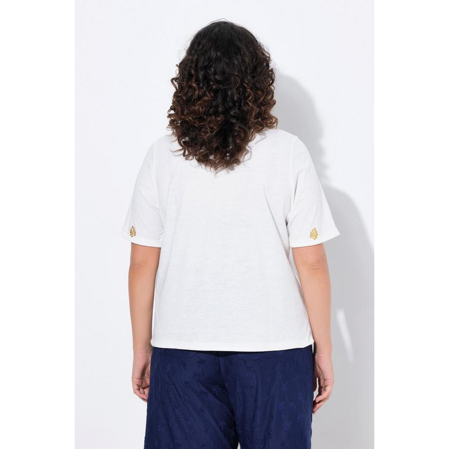 Ulla Popken T-shirt Stampa Palme Coulisse Scollo a Cuore Mezza Manica  