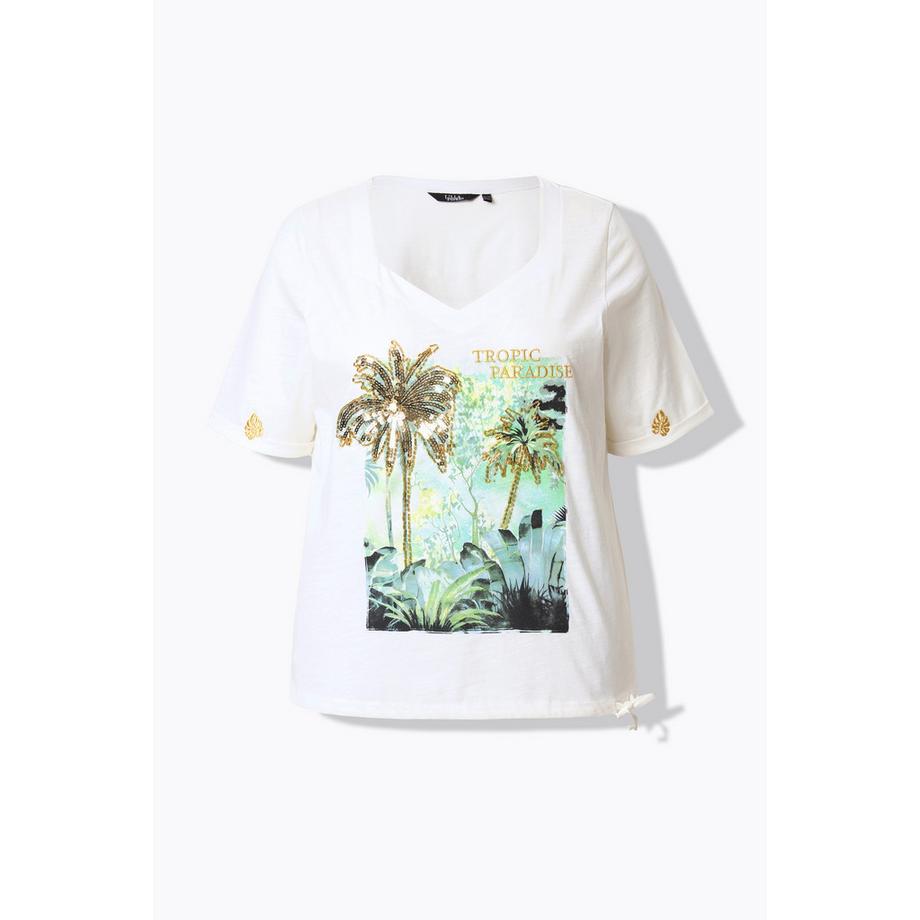 Ulla Popken T-shirt Stampa Palme Coulisse Scollo a Cuore Mezza Manica  