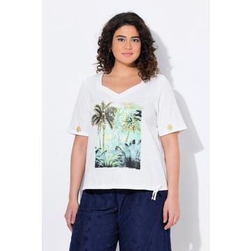 T-shirt con coulisse, palme, scollo a cuore e mezze maniche