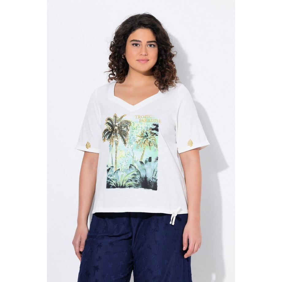 Ulla Popken T-shirt Stampa Palme Coulisse Scollo a Cuore Mezza Manica  