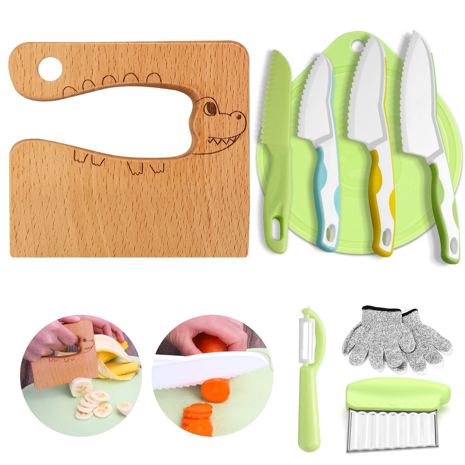 Activity-board  Kindermesser 9-teiliges Kinder-Küchenmesser-Set zum Schneiden und Kochen von Obst oder Gemüse für kleine Kinder, Sicherheits-Holzmesser-Schneidebrett-Schälmesser 