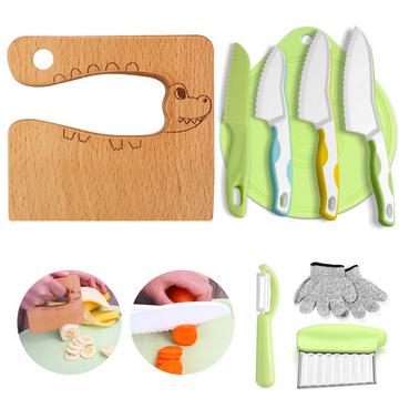 Kindermesser 9-teiliges Kinder-Küchenmesser-Set zum Schneiden und Kochen von Obst oder Gemüse für kleine Kinder, Sicherheits-Holzmesser-Schneidebrett-Schälmesser