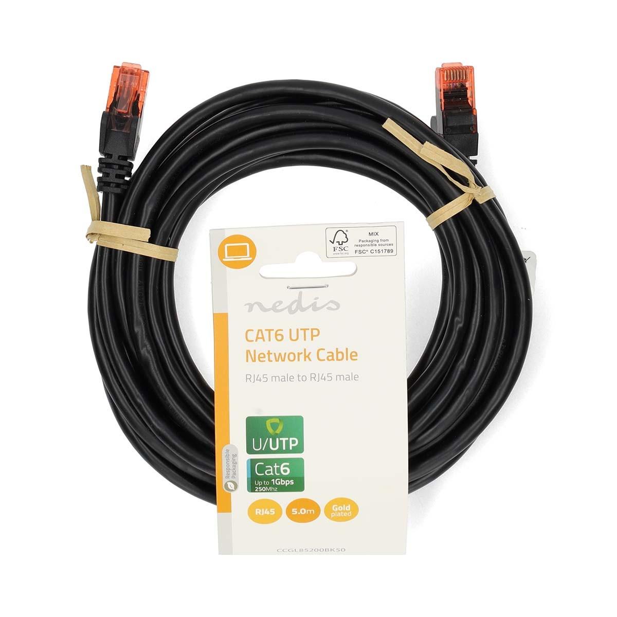 Nedis  Câble réseau Cat6 | RJ45 Mâle | RJ45 Mâle | U / UTP | 5,00 m | Round | PVC | Noir | Étiquette 