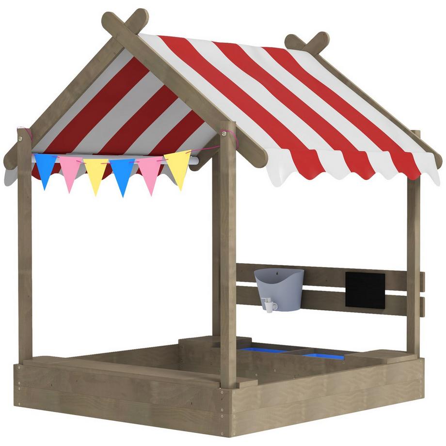 Bac à sable avec toit, bac à sable en bois avec siège, maisonnette, 124 x 116 x 146 cm, bac à sable avec planche pour enfants de 3 à 7 ans, jardin, gris
