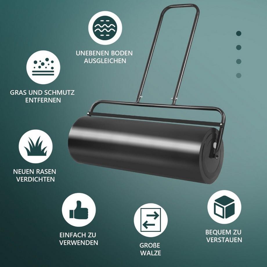 B2X  Stahl Rasenroller mit Wasser und Sand Walze Rasenroller mit schwerer Walze Handwalze mit U-förmigem Griff Schwarz 