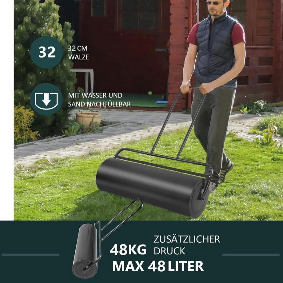B2X  Stahl Rasenroller mit Wasser und Sand Walze Rasenroller mit schwerer Walze Handwalze mit U-förmigem Griff Schwarz 