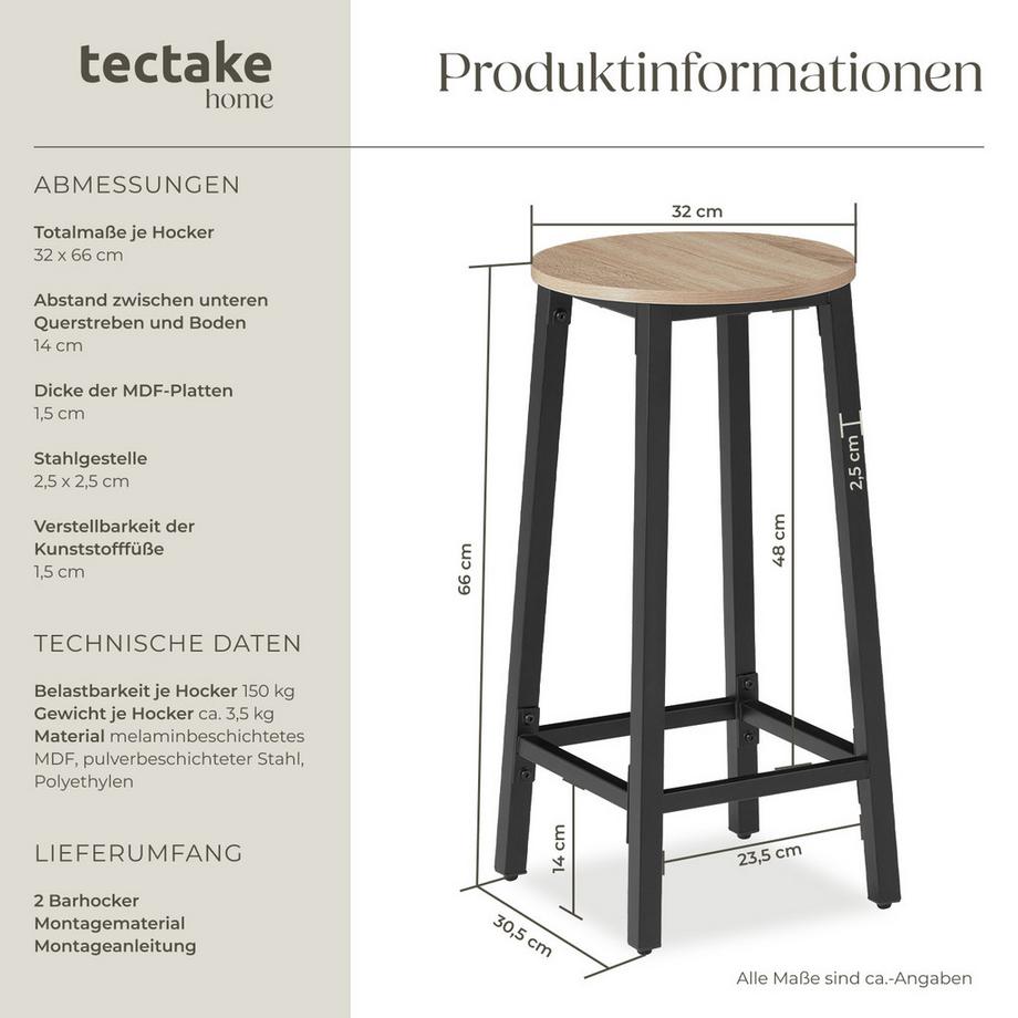 Tectake Set Barhocker Corby Industrial Style Holz und Stahl 2er Set  